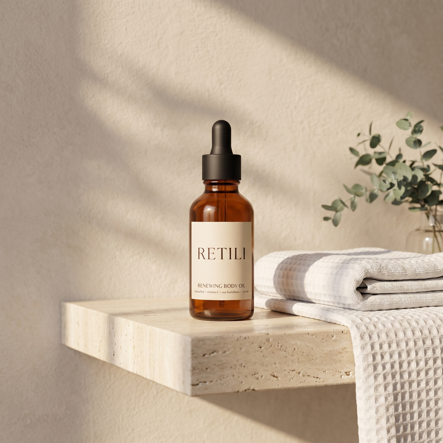 Retili Renewing Body Oil on a bathroom shelf