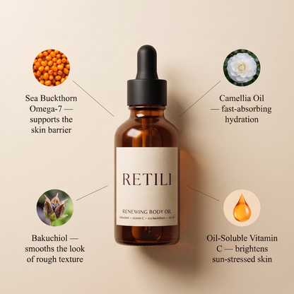 Retili Renewing Body Oil key ingredients: bakuchiol, vitamin C, sea buckthorn, camellia