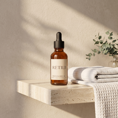 Retili Renewing Body Oil on a bathroom shelf