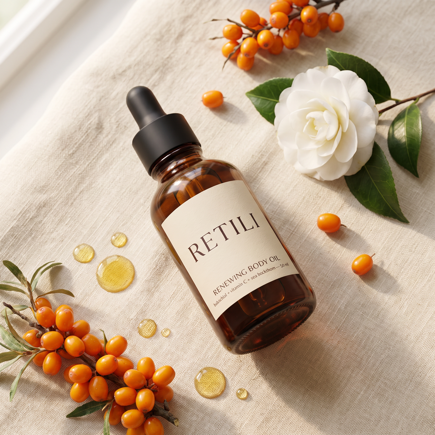 Retili Renewing Body Oil with sea buckthorn berries and camellia flower