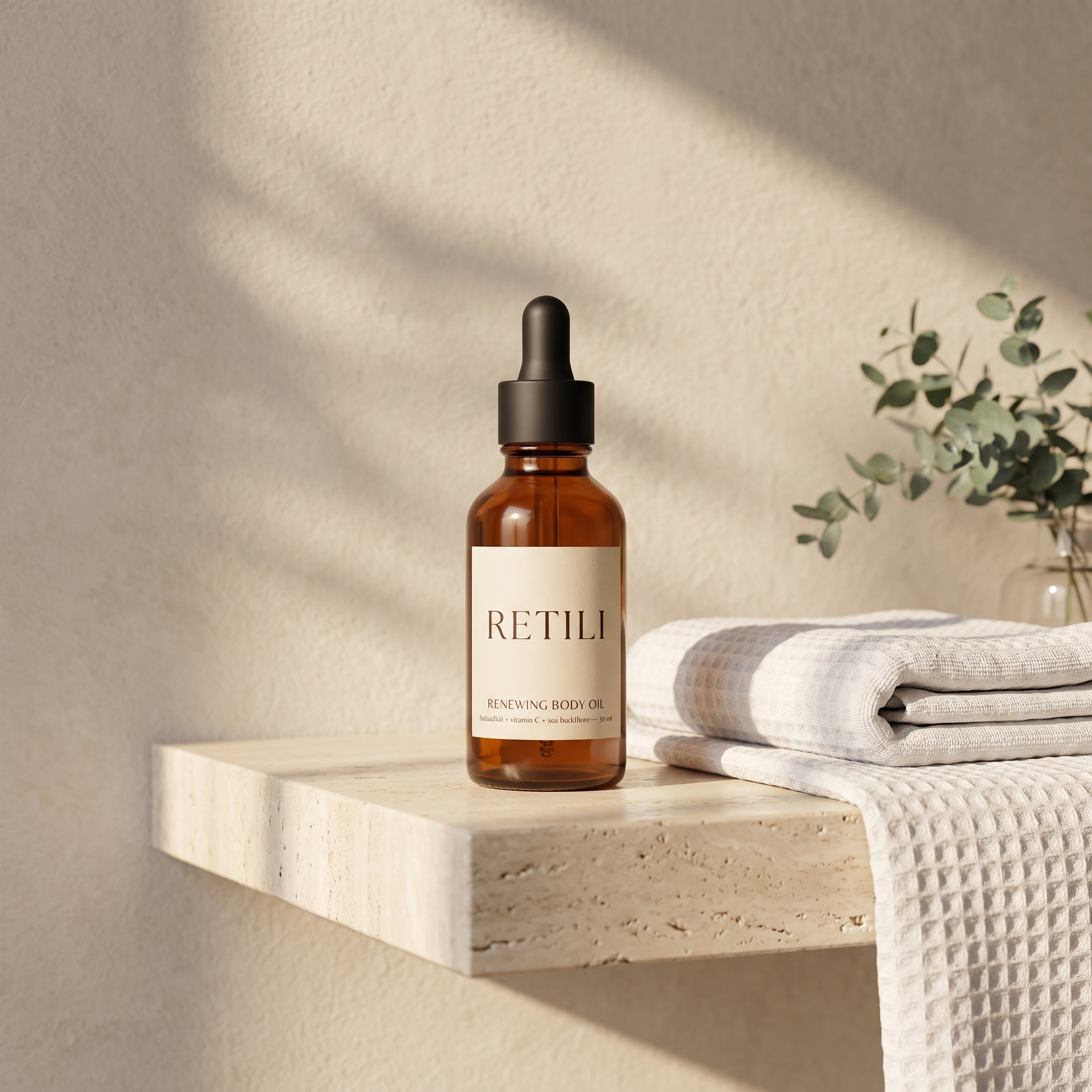 Retili Renewing Body Oil on a bathroom shelf